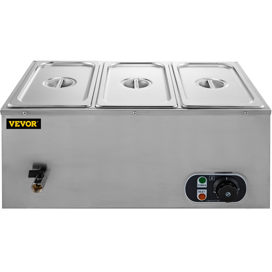 VEVOR Commercial Food Warmer 3-Pan 850W Electric Countertop Steam Table 15cm/6inch Deep Stainless Steel Bain Marie Buffet Food Warmer Large Capacity 7 Quart/Pan for Catering and Restaurants