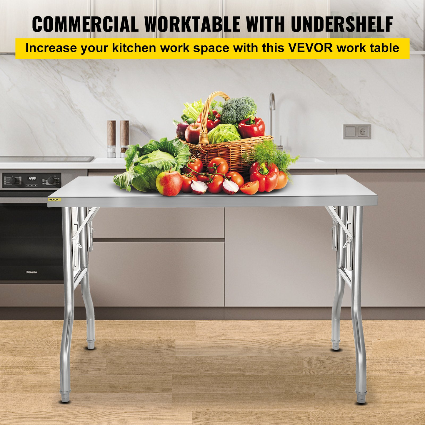 VEVOR 48 x 30 Inch Folding Commercial Prep Table Commercial Worktable Workstation, Heavy-Duty Stainless Steel Folding Table with 220 lbs Load, Silver Stainless Steel Kitchen Island，Kitchen Work Table