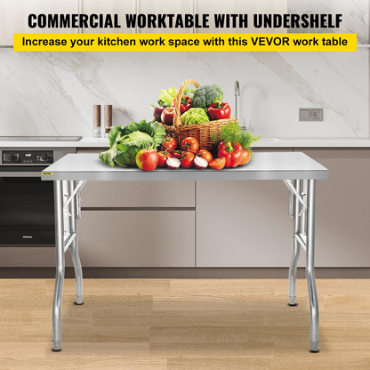 VEVOR 48 x 30 Inch Folding Commercial Prep Table Commercial Worktable Workstation, Heavy-Duty Stainless Steel Folding Table with 220 lbs Load, Silver Stainless Steel Kitchen Island，Kitchen Work Table