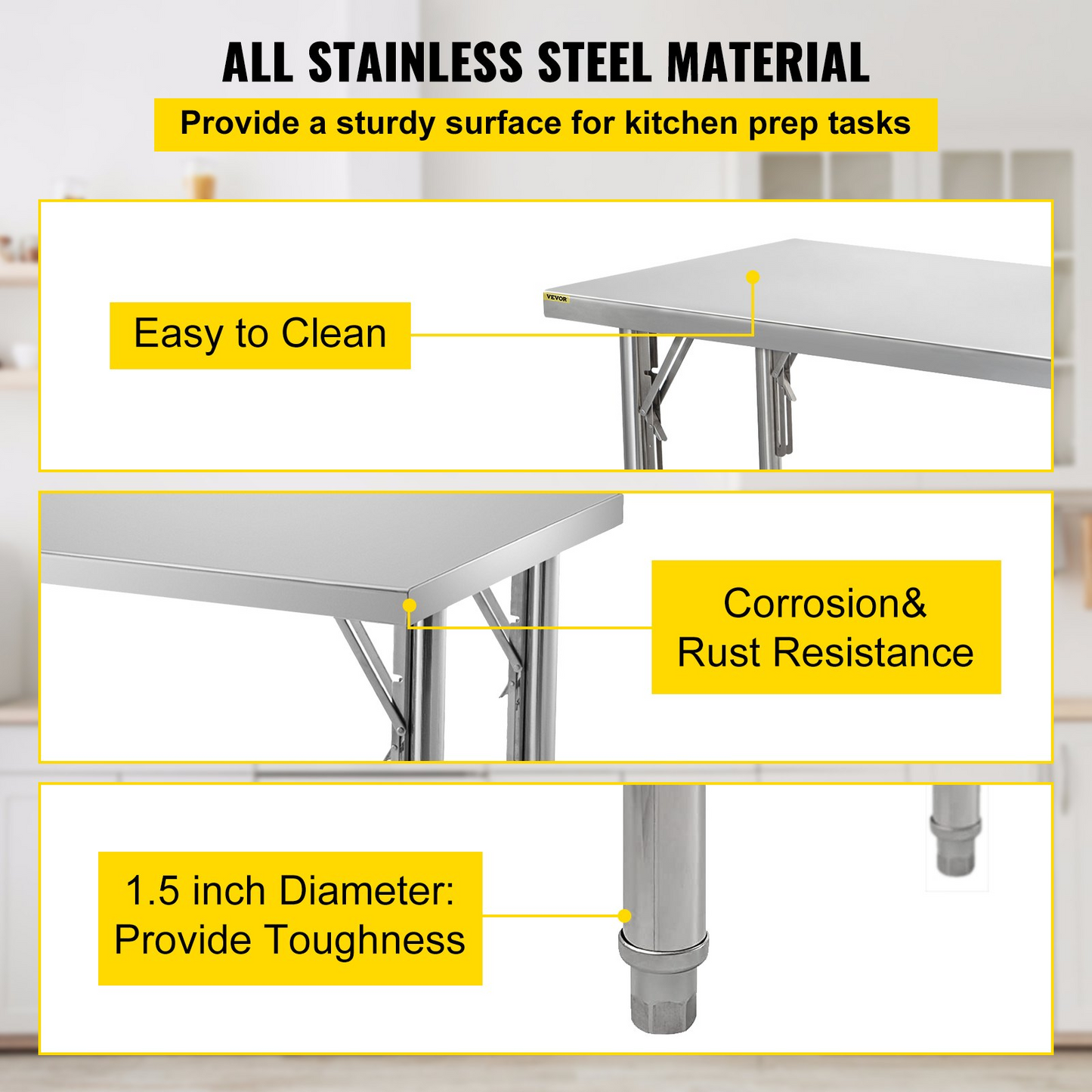 VEVOR 48 x 30 Inch Folding Commercial Prep Table Commercial Worktable Workstation, Heavy-Duty Stainless Steel Folding Table with 220 lbs Load, Silver Stainless Steel Kitchen Island，Kitchen Work Table