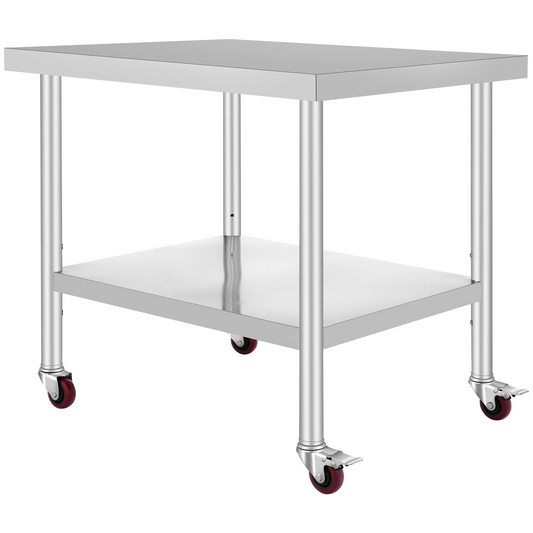 VEVOR 30x36x34 Inch Stainless Steel Work Table 3-Stage Adjustable Shelf with 4 Wheels Heavy Duty Commercial Food Prep Worktable with Brake for Kitchen Prep Work