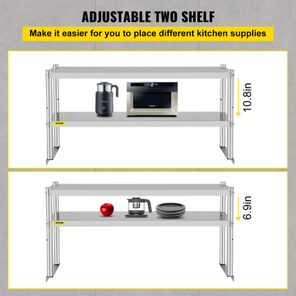 VEVOR Double Overshelf, Double Tier Stainless Steel Overshelf, 48 x 12 x 24 in Double Deck Overshelf, Height Adjustable Overshelf for Prep & Work Table in Kitchen, Restaurant