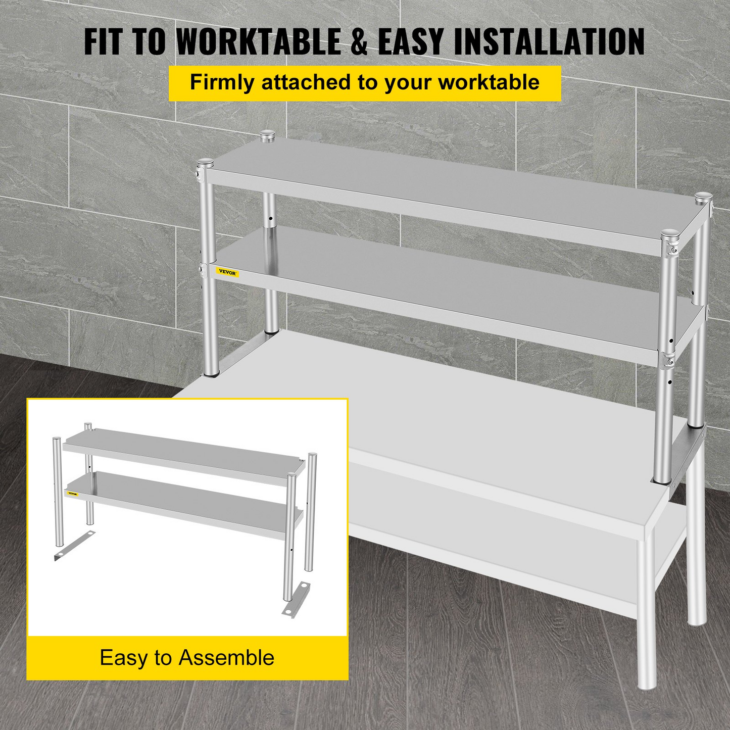 VEVOR Double Overshelf, Double Tier Stainless Steel Overshelf, 48 x 12 x 24 in Double Deck Overshelf, Height Adjustable Overshelf for Prep & Work Table in Kitchen, Restaurant