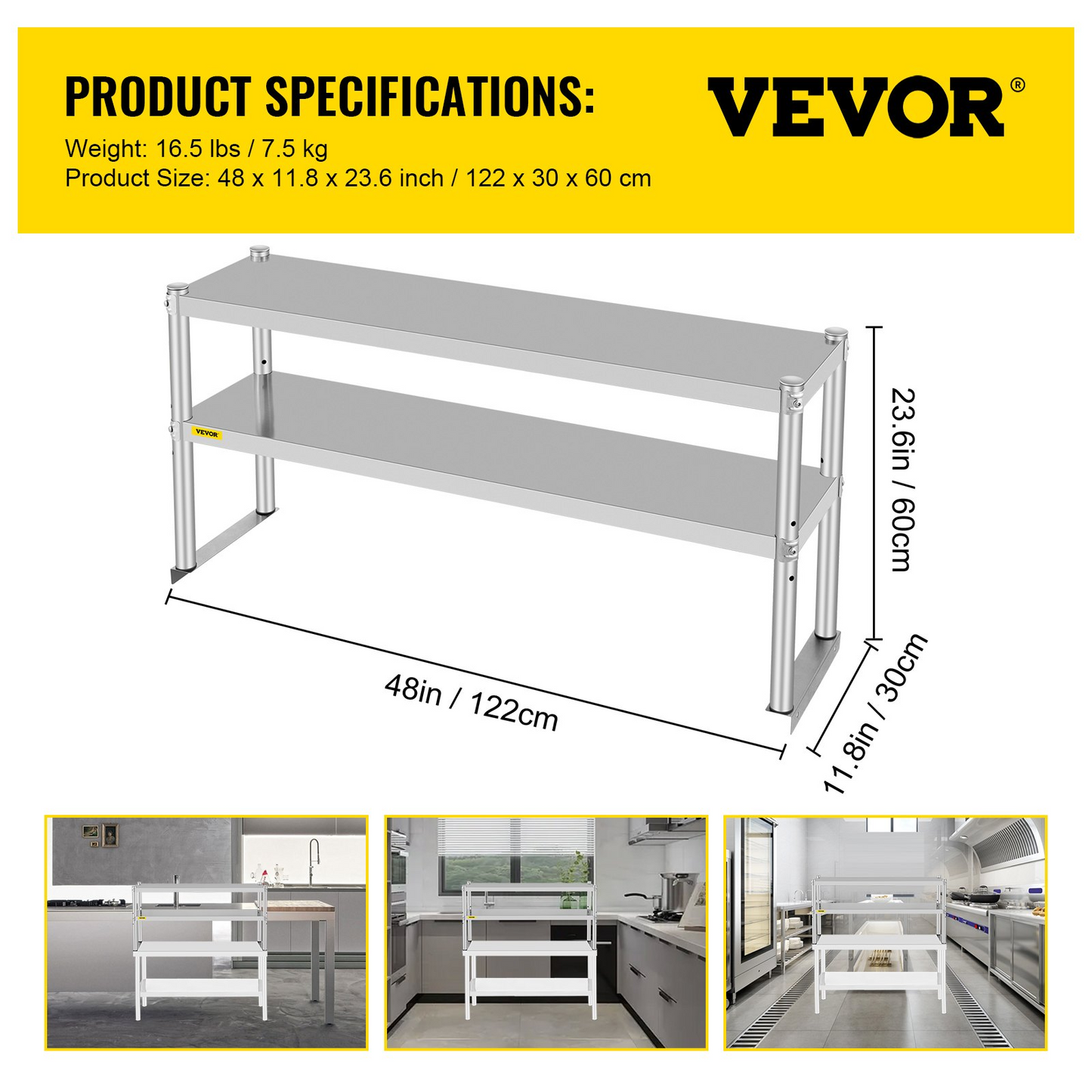 VEVOR Double Overshelf, Double Tier Stainless Steel Overshelf, 48 x 12 x 24 in Double Deck Overshelf, Height Adjustable Overshelf for Prep & Work Table in Kitchen, Restaurant