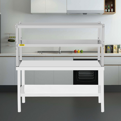 VEVOR Double Overshelf, Double Tier Stainless Steel Overshelf, 48 x 12 x 24 in Double Deck Overshelf, Height Adjustable Overshelf for Prep & Work Table in Kitchen, Restaurant