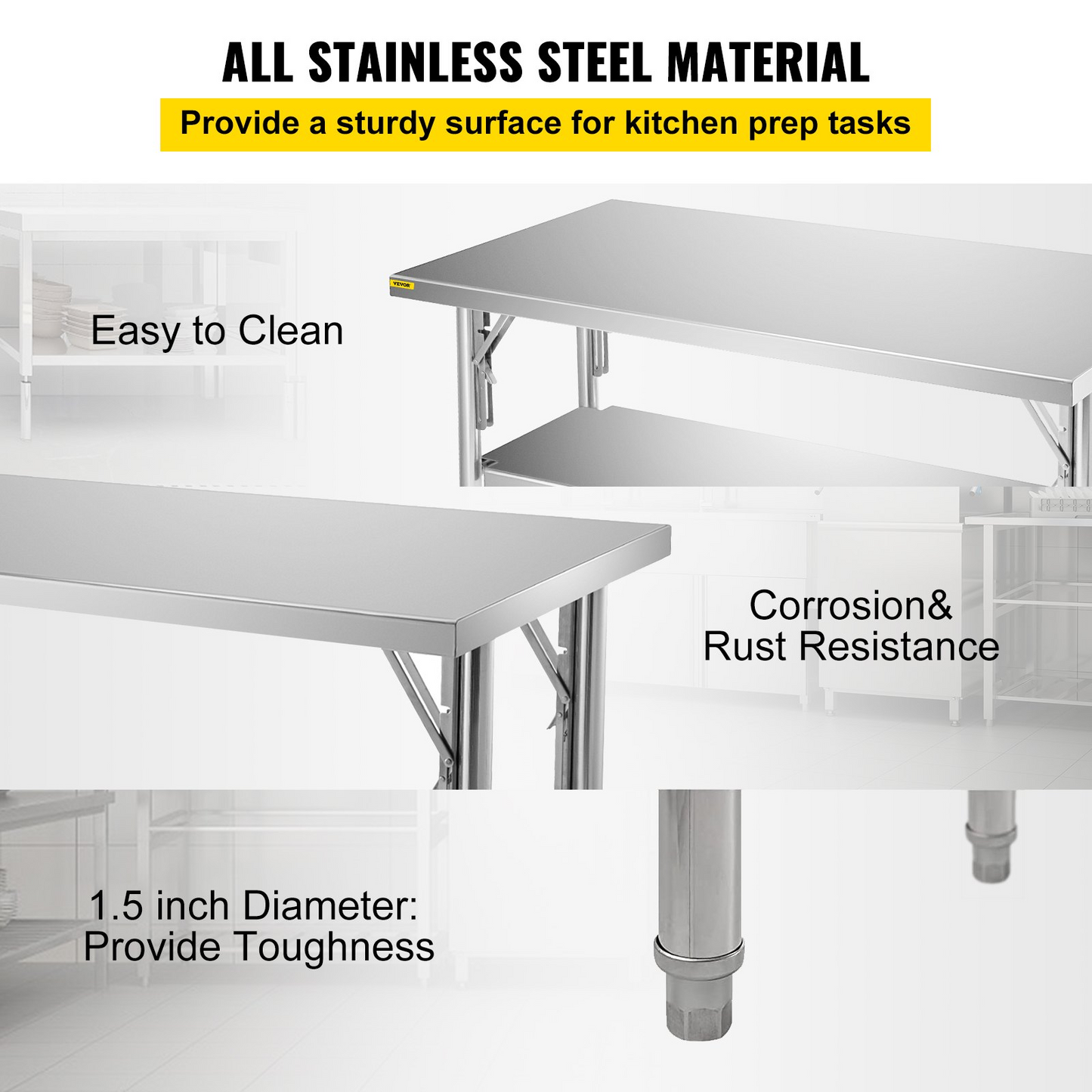 VEVOR Commercial Worktable Workstation 48x30 Inch Folding Commercial Prep Table, Double-Shelf Stainless Steel Folding Table, Kitchen Work Table with 772 lbs Load Silver Stainless Steel Kitchen Island