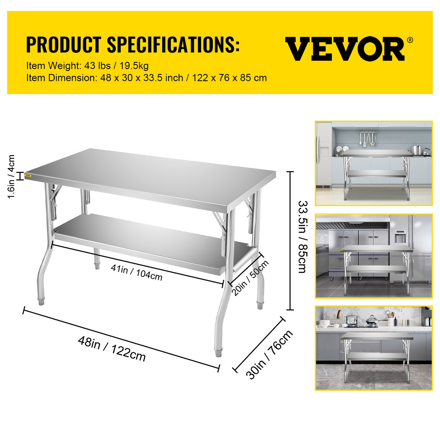 VEVOR Commercial Worktable Workstation 48x30 Inch Folding Commercial Prep Table, Double-Shelf Stainless Steel Folding Table, Kitchen Work Table with 772 lbs Load Silver Stainless Steel Kitchen Island