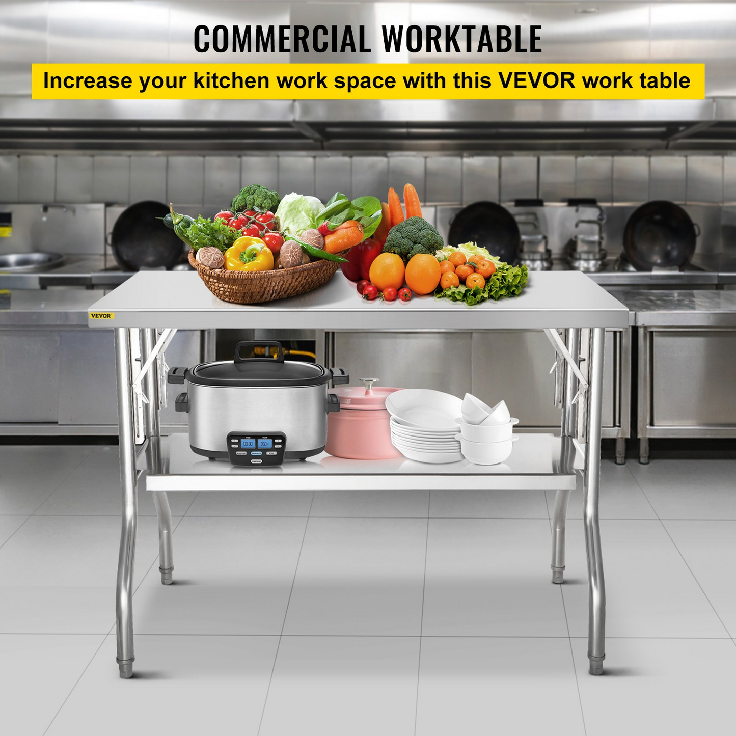 VEVOR Commercial Worktable Workstation 48 x 24 Inch Folding Commercial Prep Table, Heavy-duty Stainless Steel Folding Table with 300 lbs Load, Kitchen Work Table, Silver Stainless Steel Kitchen Island