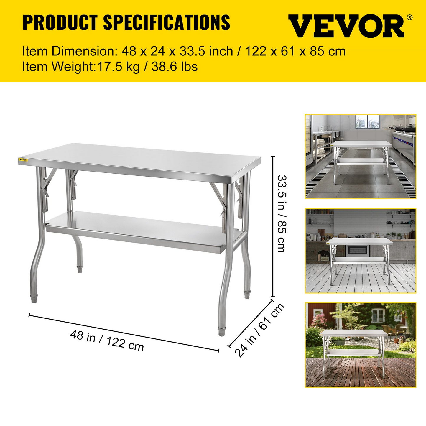 VEVOR Commercial Worktable Workstation 48 x 24 Inch Folding Commercial Prep Table, Heavy-duty Stainless Steel Folding Table with 300 lbs Load, Kitchen Work Table, Silver Stainless Steel Kitchen Island