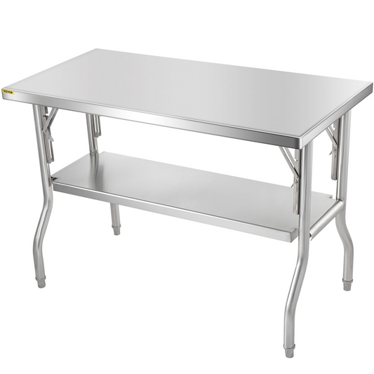 VEVOR Commercial Worktable Workstation 48 x 24 Inch Folding Commercial Prep Table, Heavy-duty Stainless Steel Folding Table with 300 lbs Load, Kitchen Work Table, Silver Stainless Steel Kitchen Island