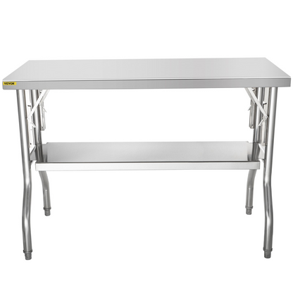 VEVOR Commercial Worktable Workstation 48 x 24 Inch Folding Commercial Prep Table, Heavy-duty Stainless Steel Folding Table with 300 lbs Load, Kitchen Work Table, Silver Stainless Steel Kitchen Island