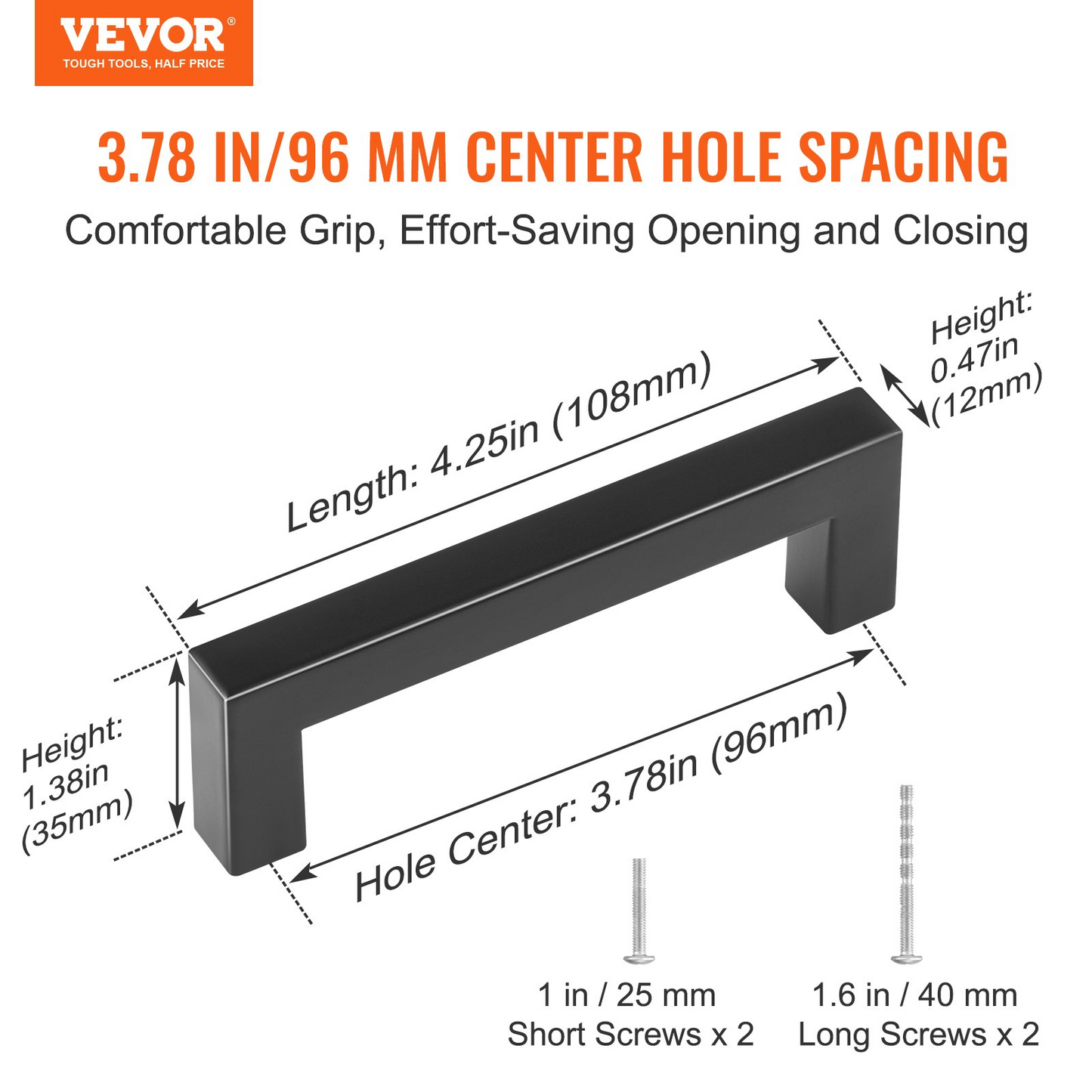 VEVOR 10 Pack Cabinet Pulls, 3.86in / 96mm Center to Center Slim Square Kitchen Cabinet Drawer, Stainless Steel Modern Kitchen Cupboard Door Handles for Kitchen Bathroom Bar Hardware Matte Black