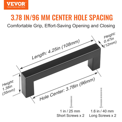 VEVOR 10 Pack Cabinet Pulls, 3.86in / 96mm Center to Center Slim Square Kitchen Cabinet Drawer, Stainless Steel Modern Kitchen Cupboard Door Handles for Kitchen Bathroom Bar Hardware Matte Black