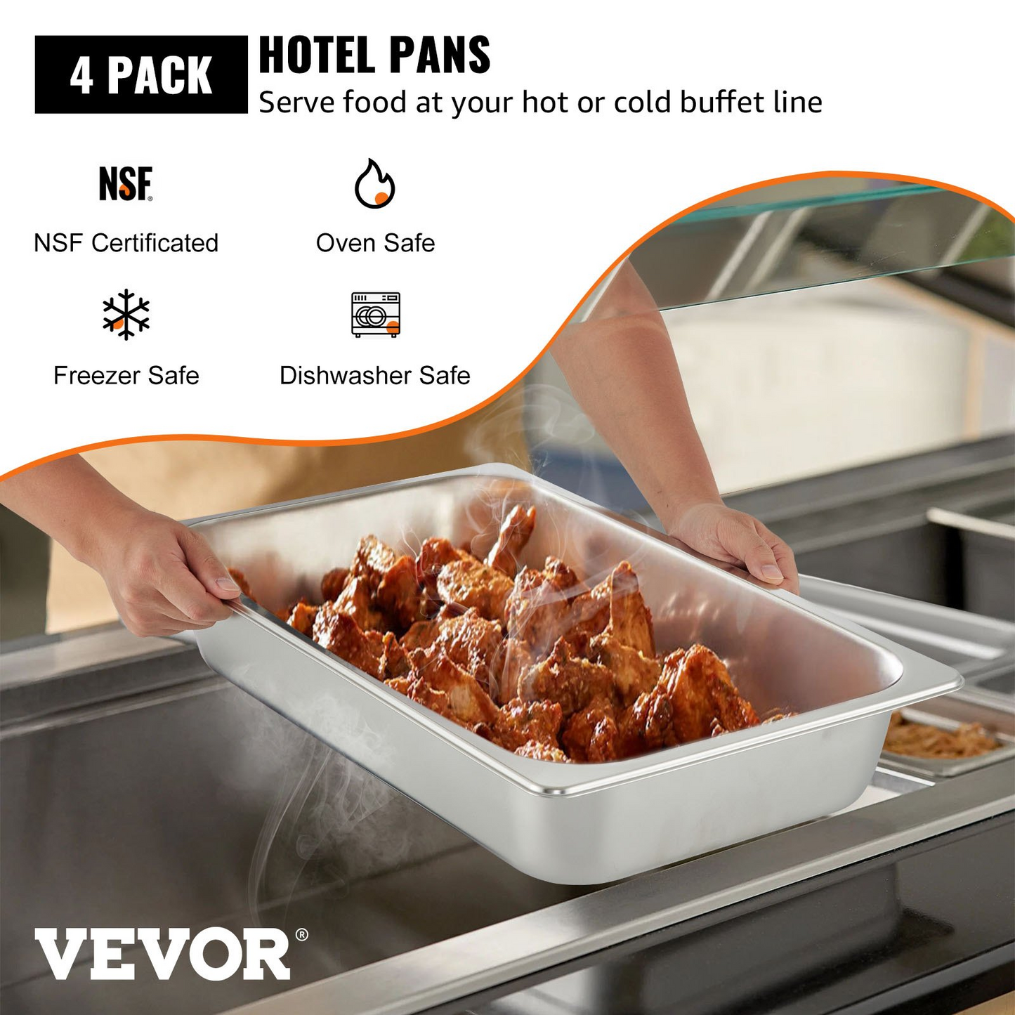 VEVOR 4 Pack Steam Table Pans 20.9 x 12.8 x 3.9 Inch Deep Steam Table Pan Full Size 13L Deep Food Container Stainless Steel Oven Tray Hotel Pans Anti-Jam Steam Table Food Pan