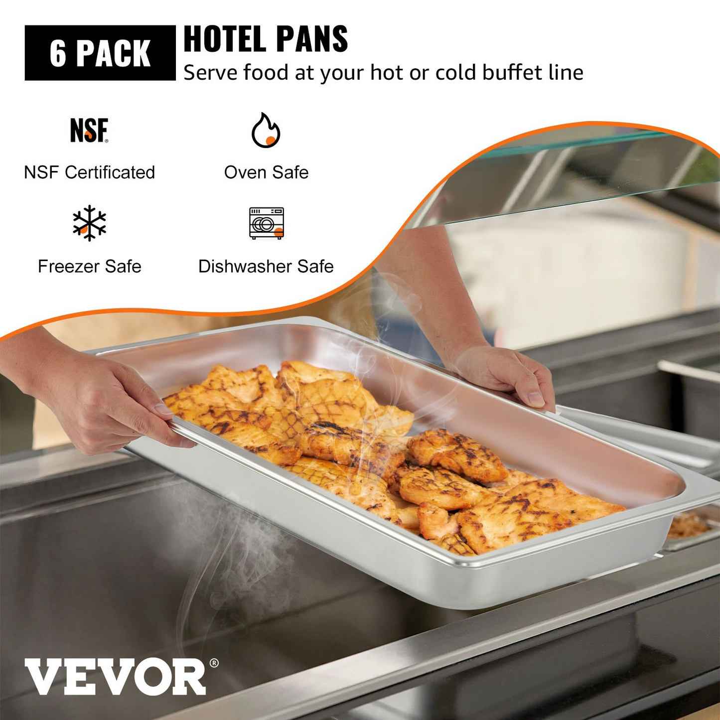 VEVOR 6 Pack Steam Table Pans 20.9 x 12.8 x 2.6 Inch Deep Steam Table Pan Full Size 8.5L Deep Food Container Stainless Steel Oven Tray Hotel Pans Anti-Jam Steam Table Food Pan