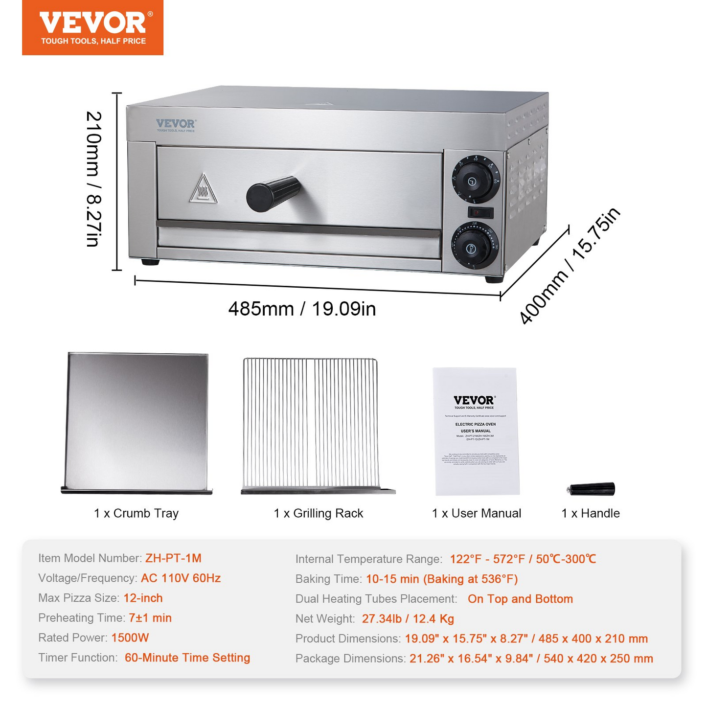 VEVOR Electric Countertop Pizza Oven 12-inch, 1500W Commercial Pizza Oven with Adjustable Temp, 0-60 Minutes Timer, 360° Uniform Baking Pizza Maker & Removable Crumb Tray for Commercial and Home Use