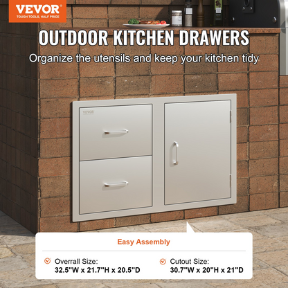 VEVOR Outdoor Kitchen Door Drawer Combo 32.5" W x 21.7" H x 20.5''D, Access Door/Double Drawers with Paper Towel Rack, BBQ Island Drawers with Stainless Steel Handles for Outdoor Kitchen