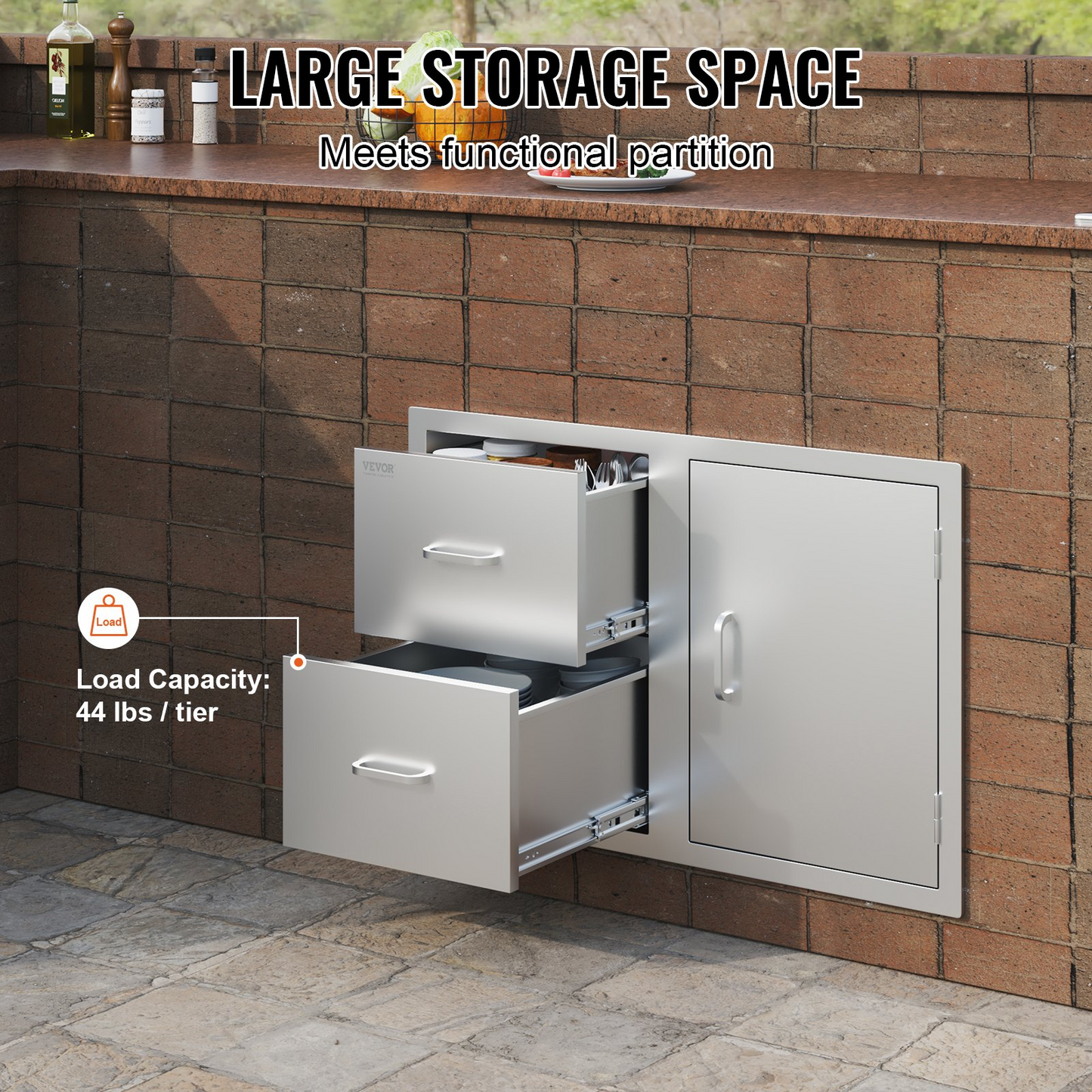 VEVOR Outdoor Kitchen Door Drawer Combo 32.5" W x 21.7" H x 20.5''D, Access Door/Double Drawers with Paper Towel Rack, BBQ Island Drawers with Stainless Steel Handles for Outdoor Kitchen