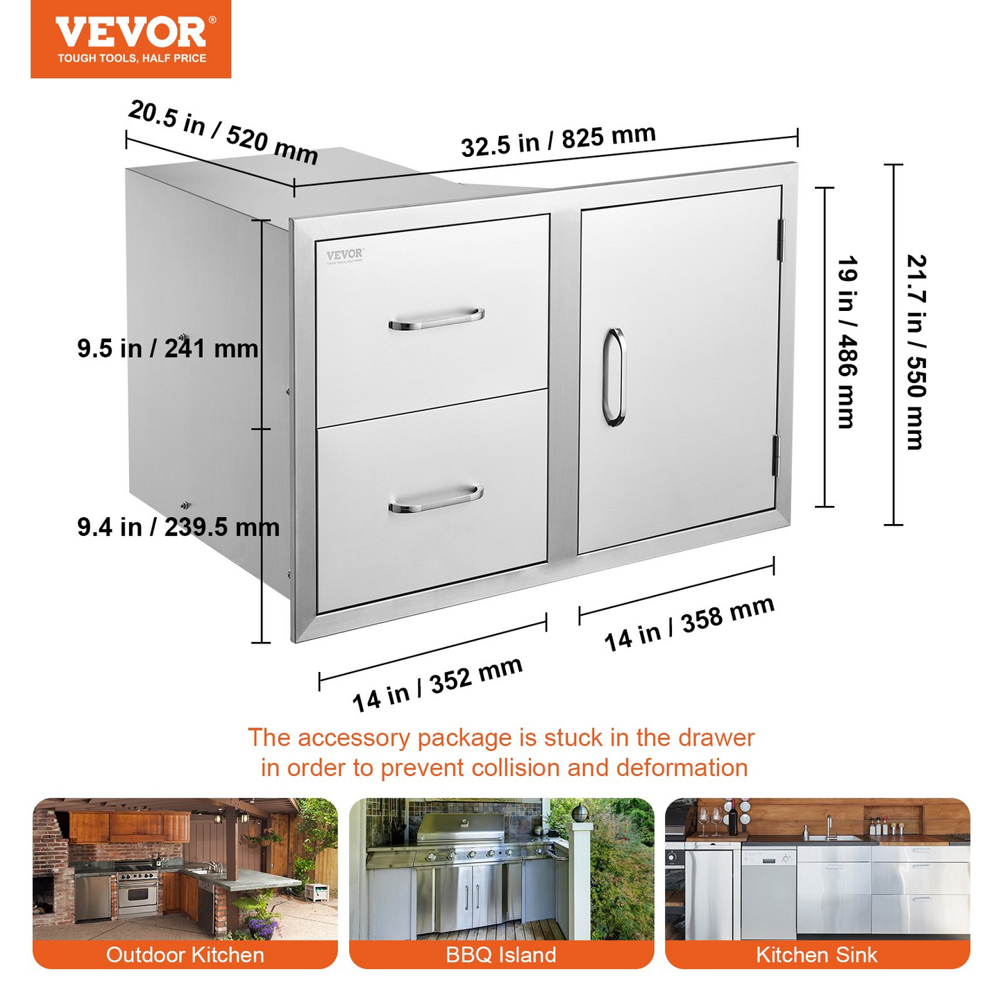 VEVOR Outdoor Kitchen Door Drawer Combo 32.5" W x 21.7" H x 20.5''D, Access Door/Double Drawers with Paper Towel Rack, BBQ Island Drawers with Stainless Steel Handles for Outdoor Kitchen