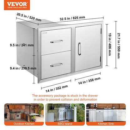 VEVOR Outdoor Kitchen Door Drawer Combo 32.5" W x 21.7" H x 20.5''D, Access Door/Double Drawers with Paper Towel Rack, BBQ Island Drawers with Stainless Steel Handles for Outdoor Kitchen