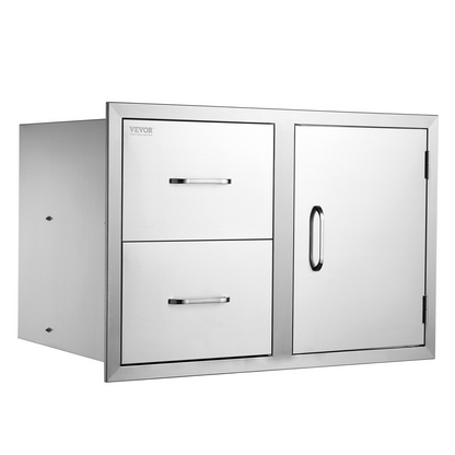 VEVOR Outdoor Kitchen Door Drawer Combo 32.5" W x 21.7" H x 20.5''D, Access Door/Double Drawers with Paper Towel Rack, BBQ Island Drawers with Stainless Steel Handles for Outdoor Kitchen