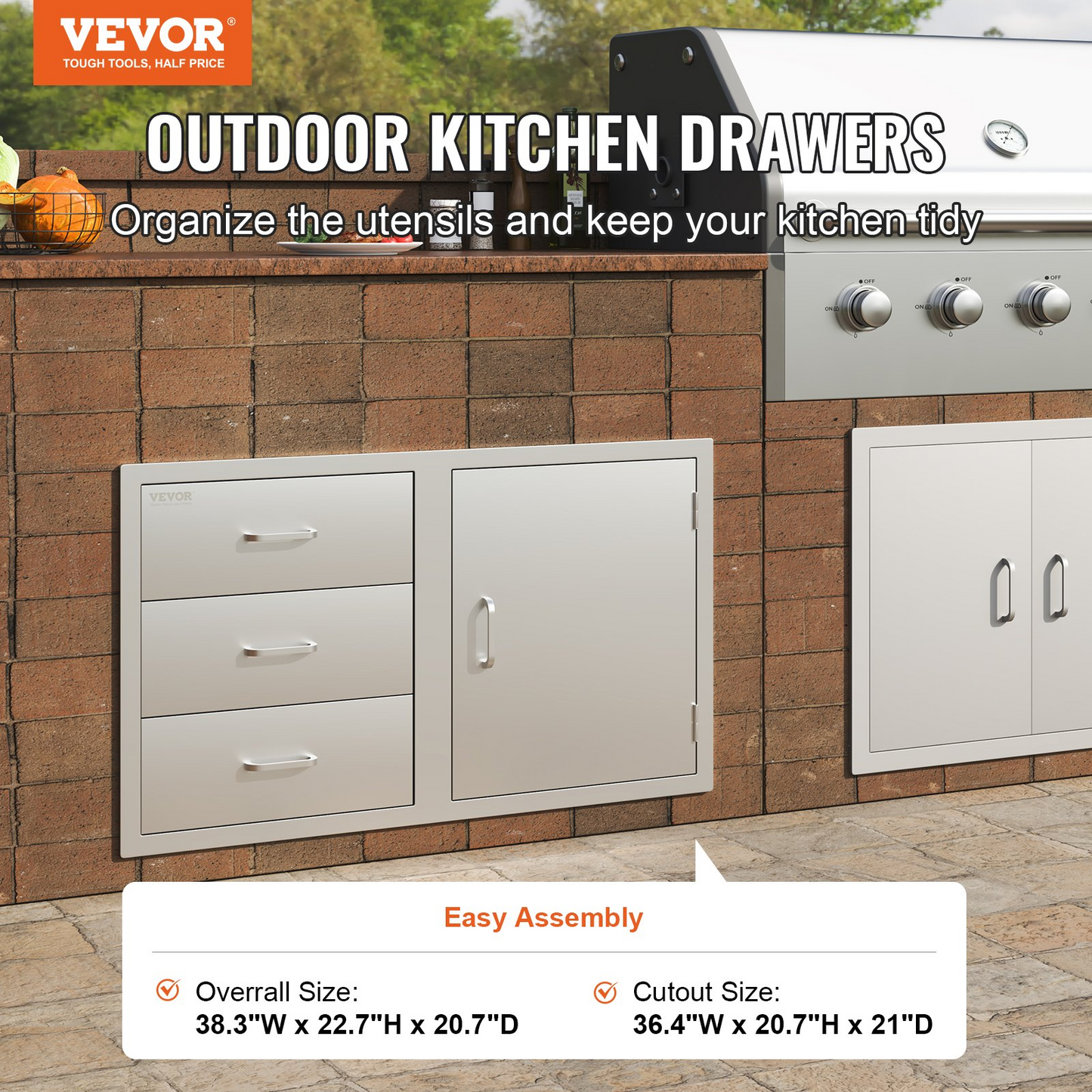 VEVOR Outdoor Kitchen Door Drawer Combo 38.3''W x 22.7''H x 20.7''D, BBQ Access Door/Triple Drawers Combo with Stainless Steel Handles, Perfect for BBQ Island Patio Grill Station