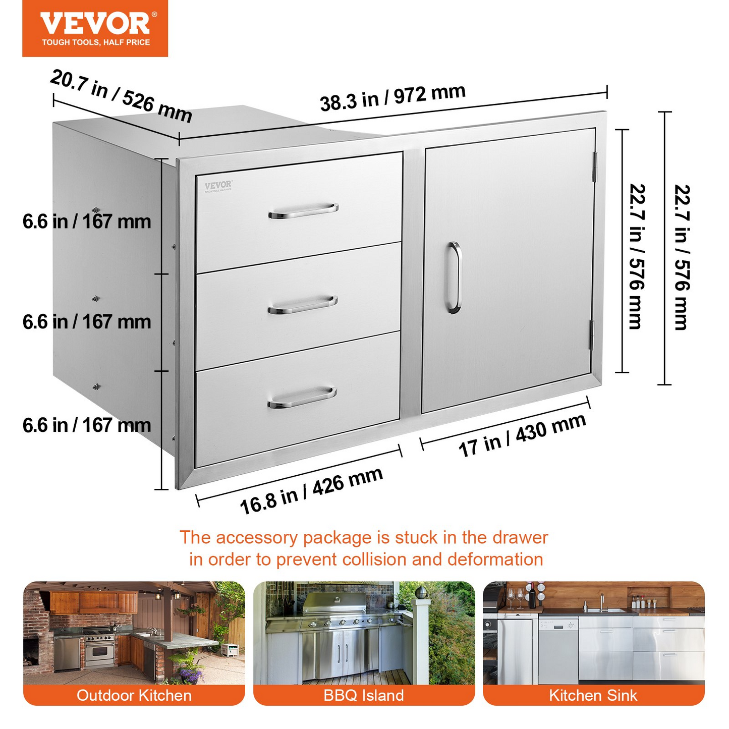 VEVOR Outdoor Kitchen Door Drawer Combo 38.3''W x 22.7''H x 20.7''D, BBQ Access Door/Triple Drawers Combo with Stainless Steel Handles, Perfect for BBQ Island Patio Grill Station