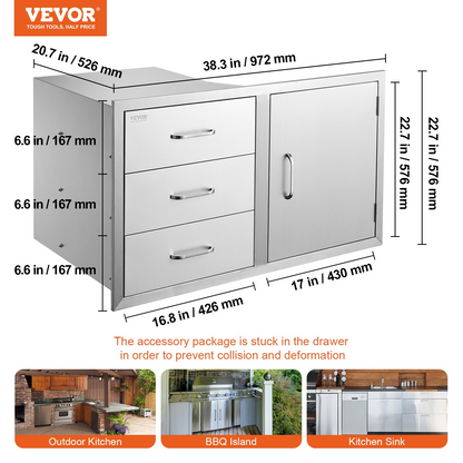 VEVOR Outdoor Kitchen Door Drawer Combo 38.3''W x 22.7''H x 20.7''D, BBQ Access Door/Triple Drawers Combo with Stainless Steel Handles, Perfect for BBQ Island Patio Grill Station