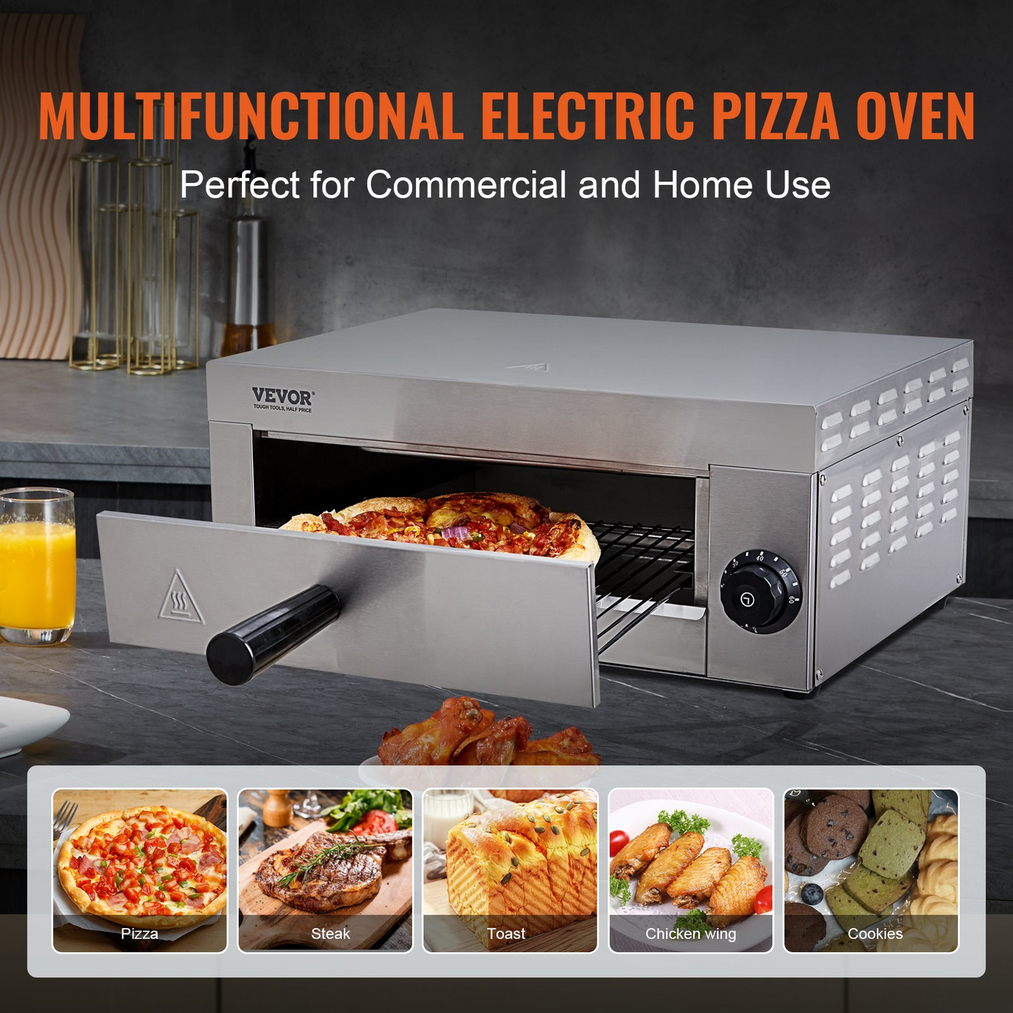 VEVOR Electric Countertop Pizza Oven 12-inch, 1500W Commercial Pizza Oven with 0-60 Minutes Timer, Stainless Steel Pizza Maker with Removable Crumb Tray for Commercial and Home Use, ETL Certified