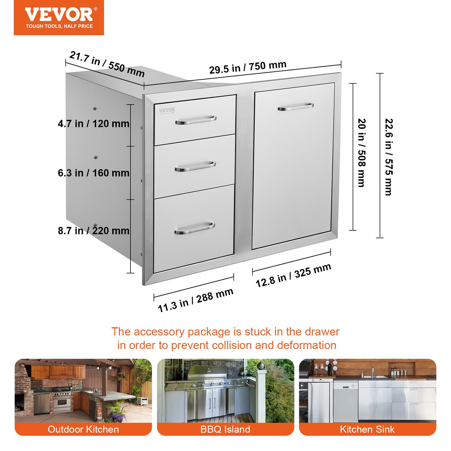 VEVOR Outdoor Kitchen Door Drawer Combo 29.5" W x 22.6" H x 21.7''D, Access Door/Triple Drawers with Propane Drawer and Adjustable Garbage Ring, Perfect for BBQ Island Patio Grill Station