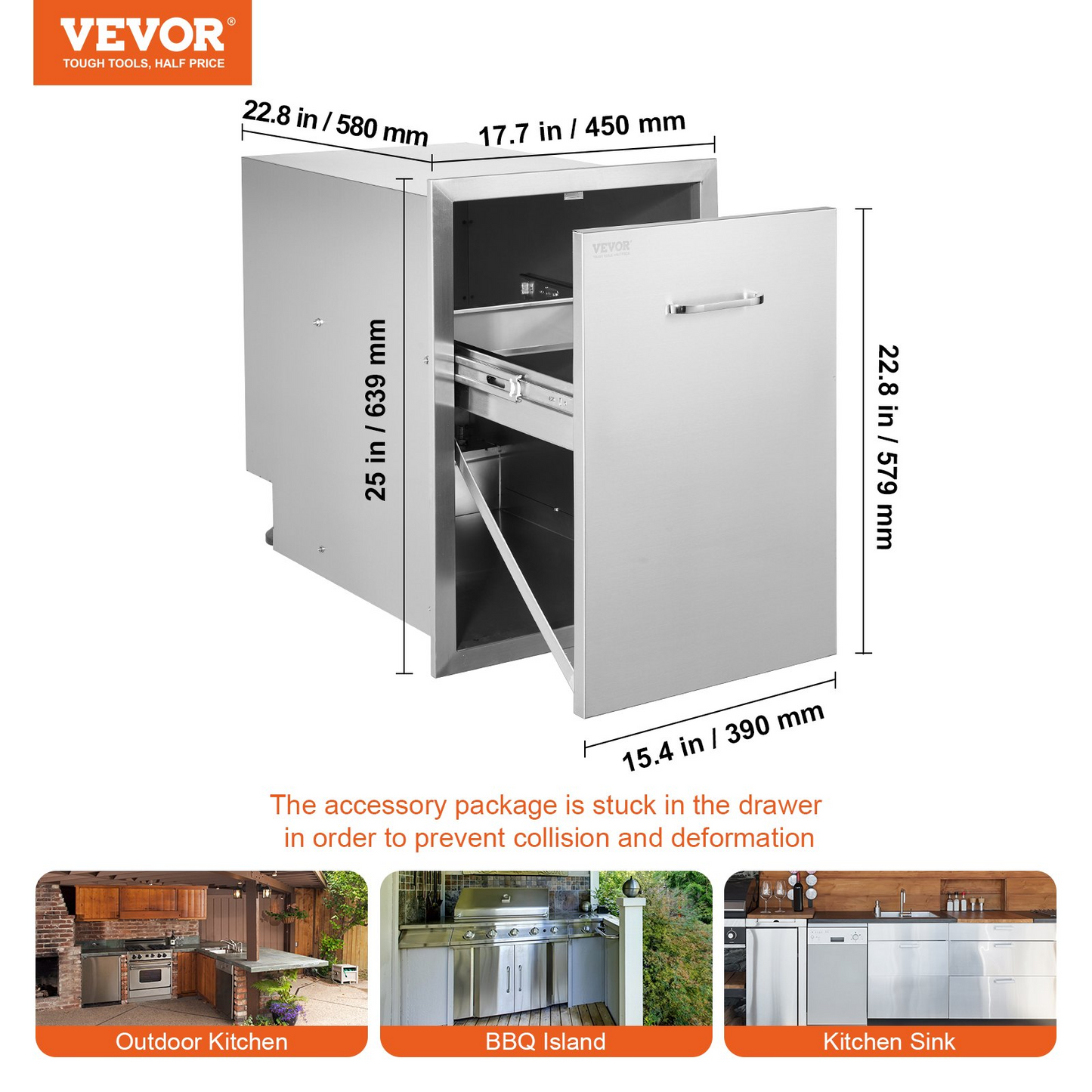 VEVOR Pull Out Trash Drawer 17.7x25x22.8 Inch Raised Style Trash Bin with Pull-Out Tray Stainless Steel Trash Drawer with Handle for Outdoor Kitchen BBQ Island