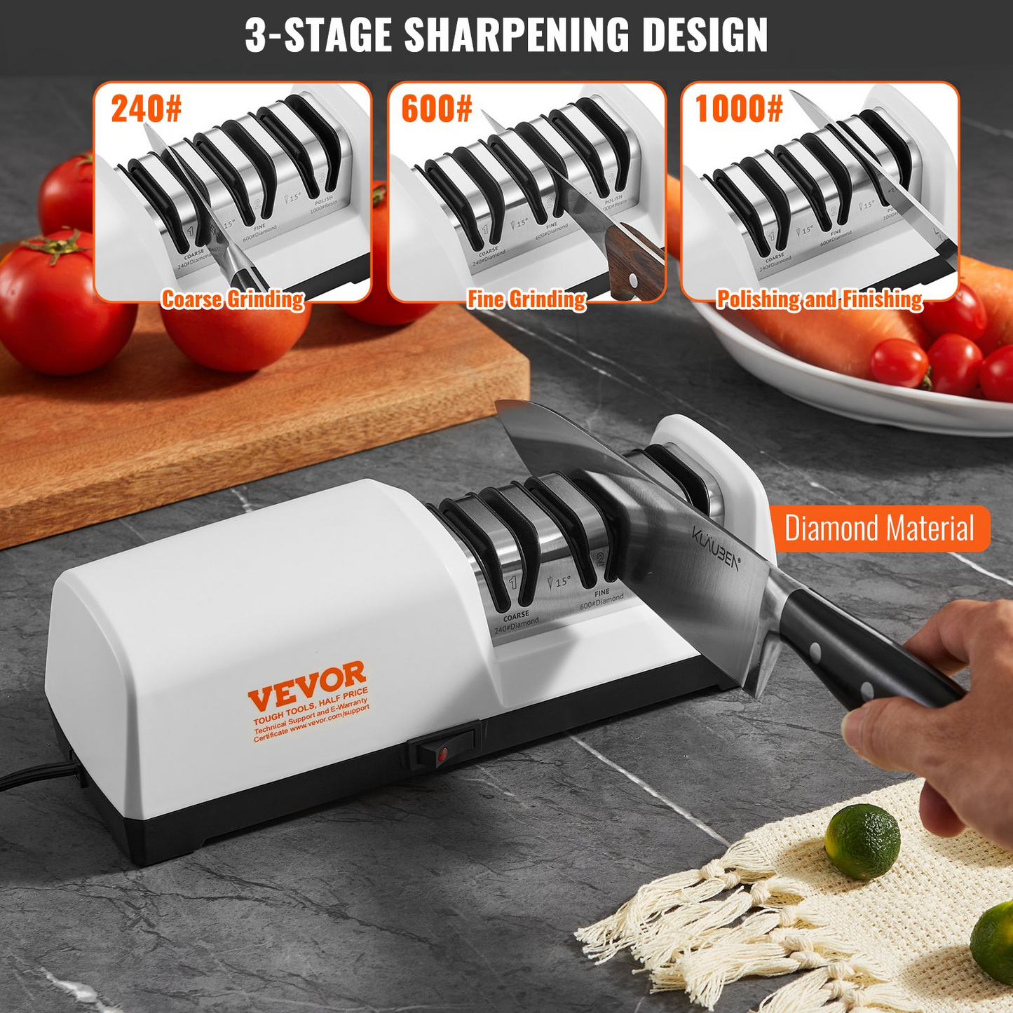 VEVOR Electric Knife Sharpener, 3 Stages Kitchen Knife Sharpener for Quick Sharpening & Polishing, Professional Knife Sharpener with Diamond Abrasives, 15° Angle Guides, and Metal Dust Collection Box