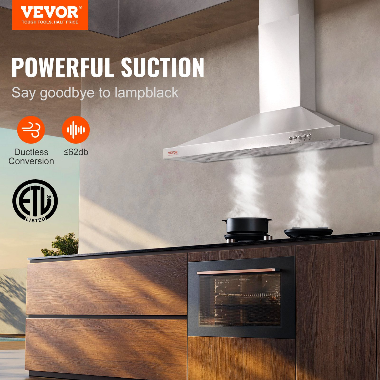 VEVOR Wall Mount Range Hood, Ductless Chimney-Style Kitchen Stove Vent, Stainless Steel Permanent Filter with 3-Speed Exhaust Fan, 2 Baffle Filters, LED Lights, Push Button, Silver (30 inch)