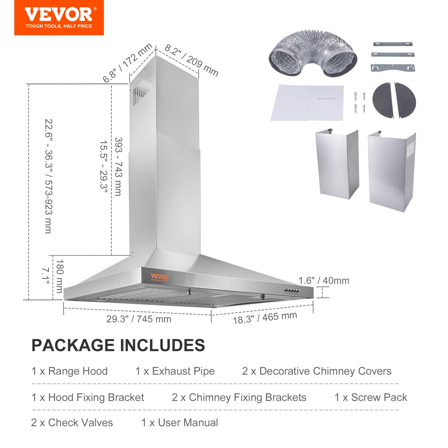 VEVOR Wall Mount Range Hood, Ductless Chimney-Style Kitchen Stove Vent, Stainless Steel Permanent Filter with 3-Speed Exhaust Fan, 2 Baffle Filters, LED Lights, Push Button, Silver (30 inch)