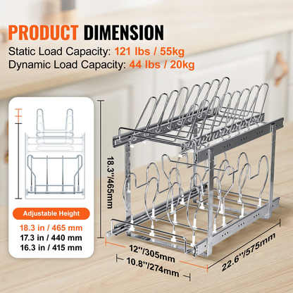 VEVOR Pan and Pot Rack, 2-Tier Expandable Pull Out Under Cabinet Organizer, Cookie Sheet Baking Pans Tray Racks, Adjustable Wire Dividers, Steel Lid Holder for Kitchen Cabinet & Pantry Storage, 12"W