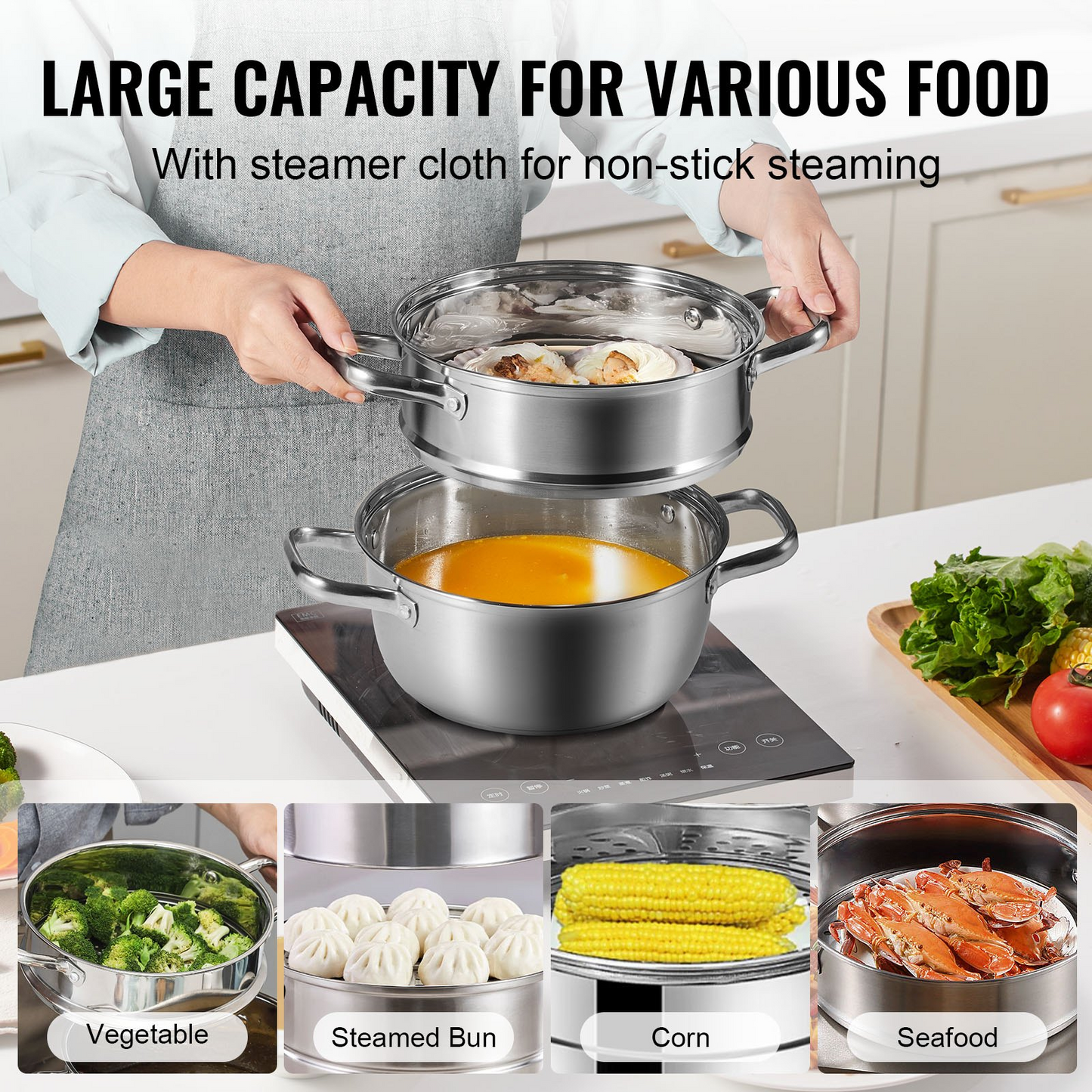 VEVOR Steamer Pot, 8.66in/22cm Steamer Pot for Cooking with 3QT Stock Pot and Vegetable Steamer, Large Capacity Stainless Steel Food Steamer Cookware with Lid for Gas Electric Induction Grill Stove