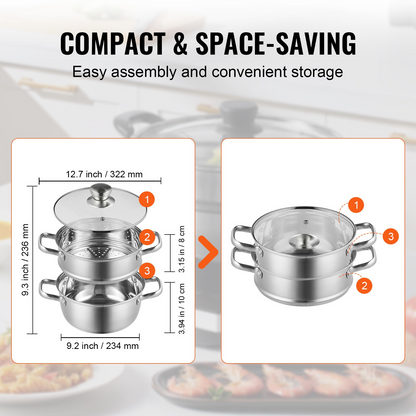 VEVOR Steamer Pot, 8.66in/22cm Steamer Pot for Cooking with 3QT Stock Pot and Vegetable Steamer, Large Capacity Stainless Steel Food Steamer Cookware with Lid for Gas Electric Induction Grill Stove