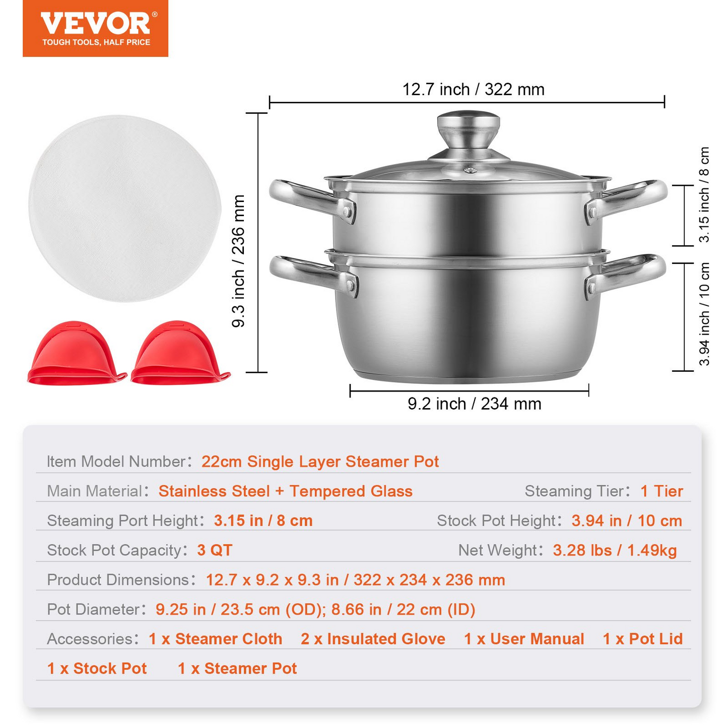 VEVOR Steamer Pot, 8.66in/22cm Steamer Pot for Cooking with 3QT Stock Pot and Vegetable Steamer, Large Capacity Stainless Steel Food Steamer Cookware with Lid for Gas Electric Induction Grill Stove