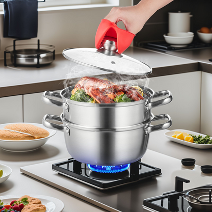 VEVOR Steamer Pot, 8.66in/22cm Steamer Pot for Cooking with 3QT Stock Pot and Vegetable Steamer, Large Capacity Stainless Steel Food Steamer Cookware with Lid for Gas Electric Induction Grill Stove