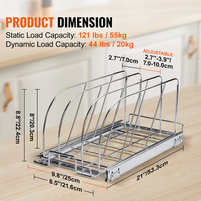 VEVOR Pan and Pot Rack, Expandable Pull Out Under Cabinet Organizer, Cookie Sheet Baking Pans tray Organization, Adjustable Wire Dividers, Steel Lid Holder for Kitchen Cabinet & Pantry Storage, 8.5"W