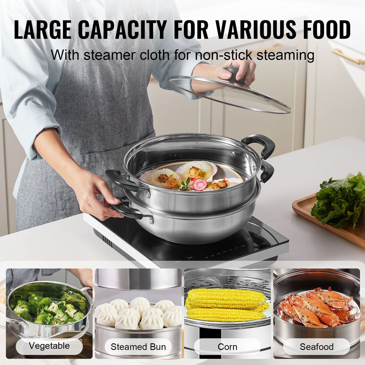 VEVOR Steamer Pot, 11in/28cm Steamer Pot for Cooking with 3QT Stock Pot and Vegetable Steamer, Food-Grade 304 Stainless Steel Food Steamer Cookware with Lid for Gas Electric Induction Grill Stove