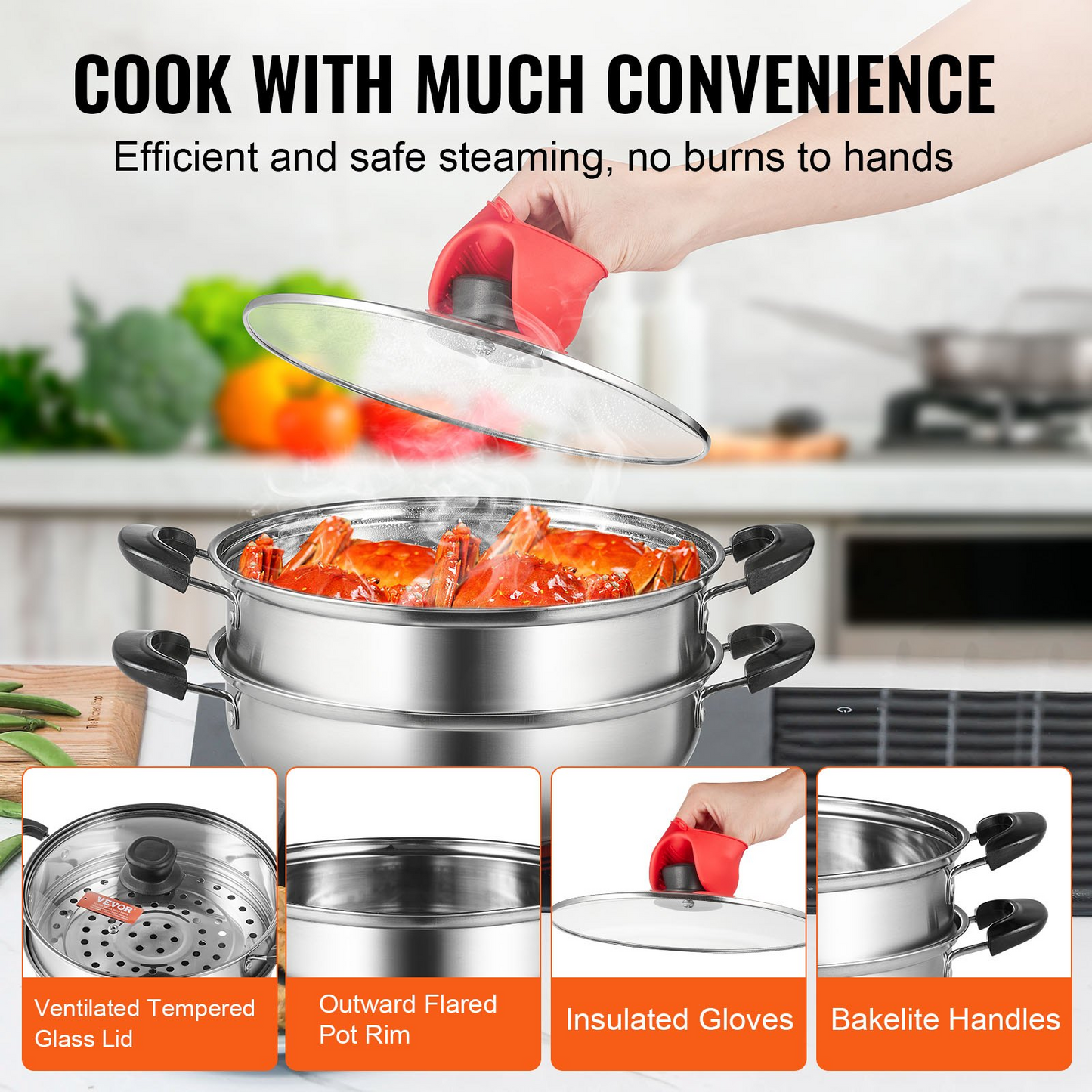 VEVOR Steamer Pot, 11in/28cm Steamer Pot for Cooking with 3QT Stock Pot and Vegetable Steamer, Food-Grade 304 Stainless Steel Food Steamer Cookware with Lid for Gas Electric Induction Grill Stove