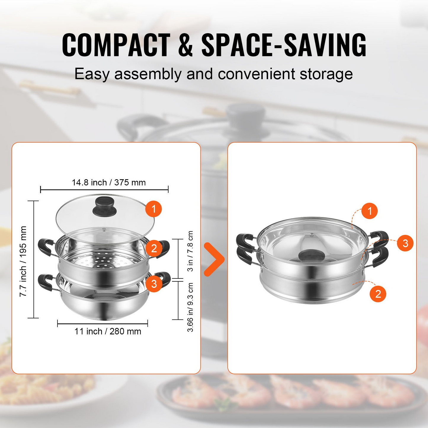 VEVOR Steamer Pot, 11in/28cm Steamer Pot for Cooking with 3QT Stock Pot and Vegetable Steamer, Food-Grade 304 Stainless Steel Food Steamer Cookware with Lid for Gas Electric Induction Grill Stove