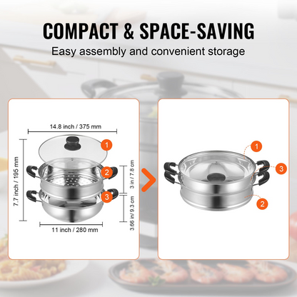 VEVOR Steamer Pot, 11in/28cm Steamer Pot for Cooking with 3QT Stock Pot and Vegetable Steamer, Food-Grade 304 Stainless Steel Food Steamer Cookware with Lid for Gas Electric Induction Grill Stove