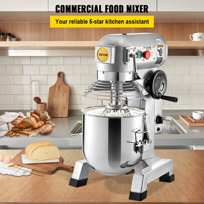 VEVOR Commercial Food Mixer, 30Qt Commercial Mixer with Timing Function, 1100W Stainless Steel Bowl Heavy Duty Electric Food Mixer Commercial with 3 Speeds Adjustable 108/199/382 RPM, Dough Hook Whisk Beater Included, Perfect for Bakery Pizzeria