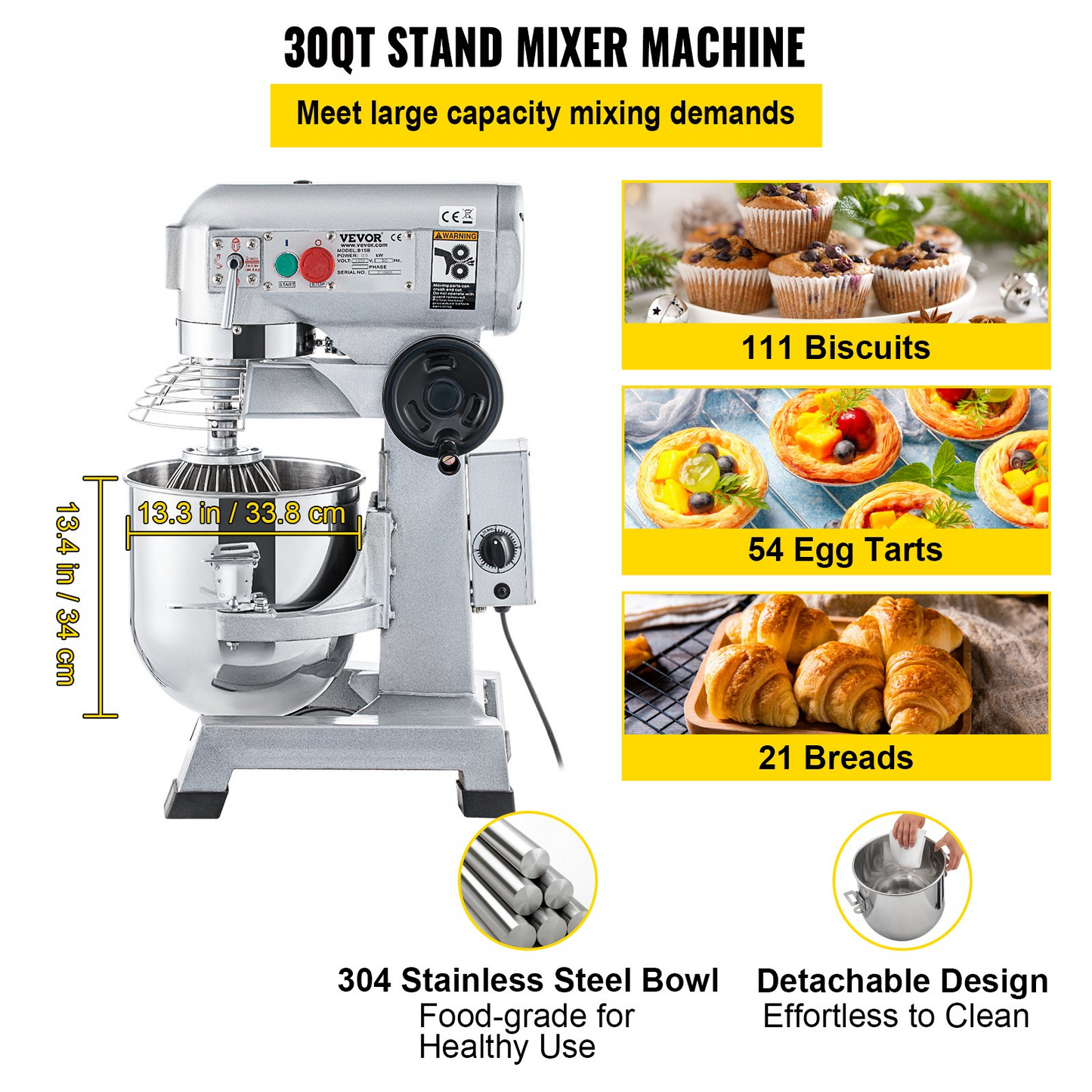 VEVOR Commercial Food Mixer, 30Qt Commercial Mixer with Timing Function, 1100W Stainless Steel Bowl Heavy Duty Electric Food Mixer Commercial with 3 Speeds Adjustable 108/199/382 RPM, Dough Hook Whisk Beater Included, Perfect for Bakery Pizzeria