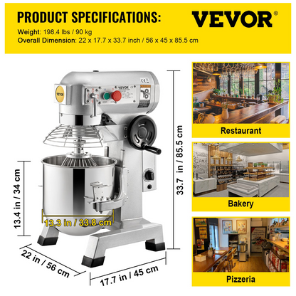 VEVOR Commercial Food Mixer, 30Qt Commercial Mixer with Timing Function, 1100W Stainless Steel Bowl Heavy Duty Electric Food Mixer Commercial with 3 Speeds Adjustable 108/199/382 RPM, Dough Hook Whisk Beater Included, Perfect for Bakery Pizzeria