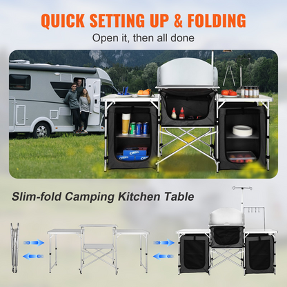 VEVOR Camping Kitchen Table, Folding Outdoor Cooking Table with Storage Carrying Bag, Aluminum Cook Station 3 Cupboard & Detachable Windscreen, Quick Set-up for Picnics, BBQ, RV Traveling, Black