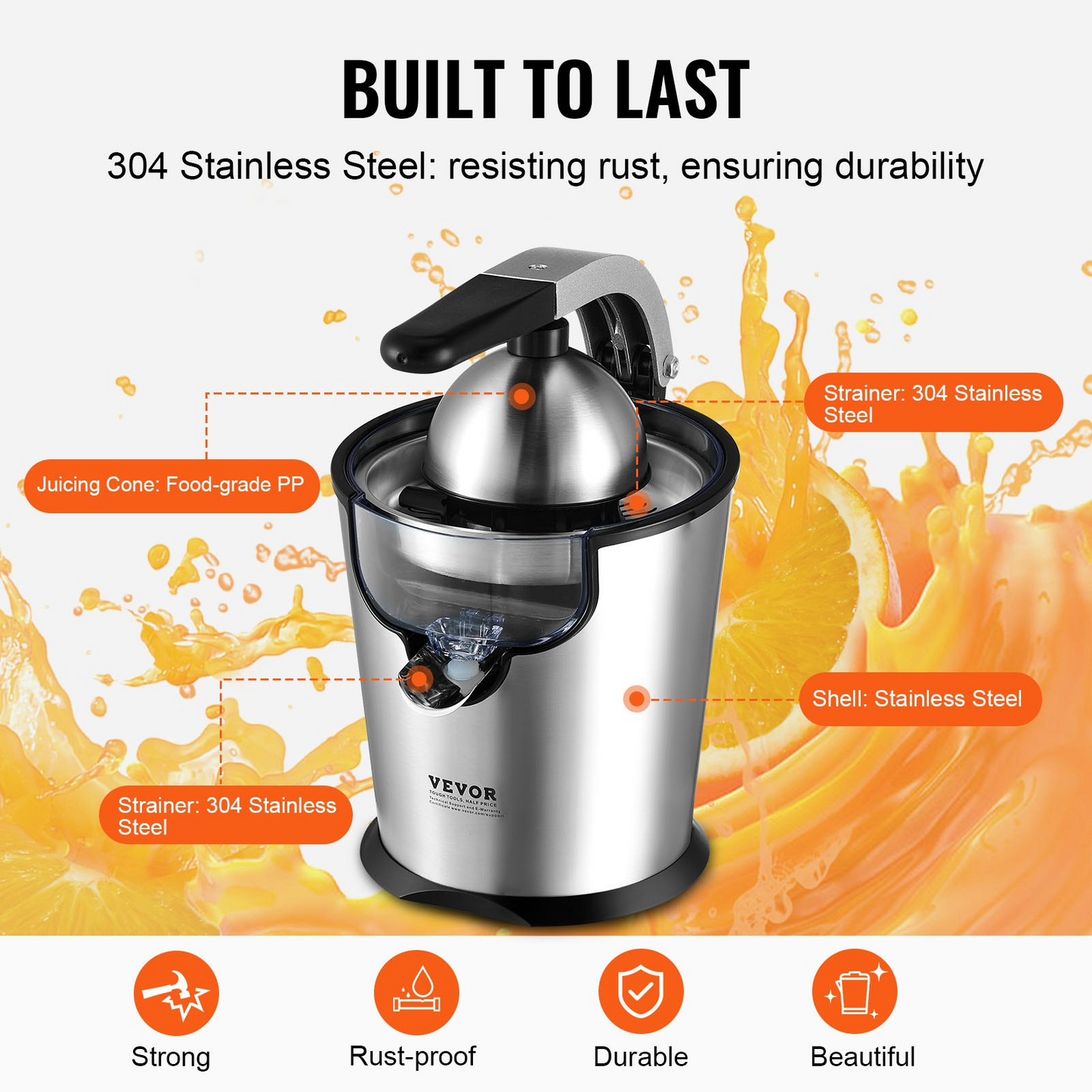 VEVOR Electric Citrus Juicer, Orange Juice Squeezer with Two Size Juicing Cones, 300W Stainless Steel Orange Juice Maker with Soft Grip Handle, For Oranges, Grapefruits, Lemons and Other Citrus Fruits