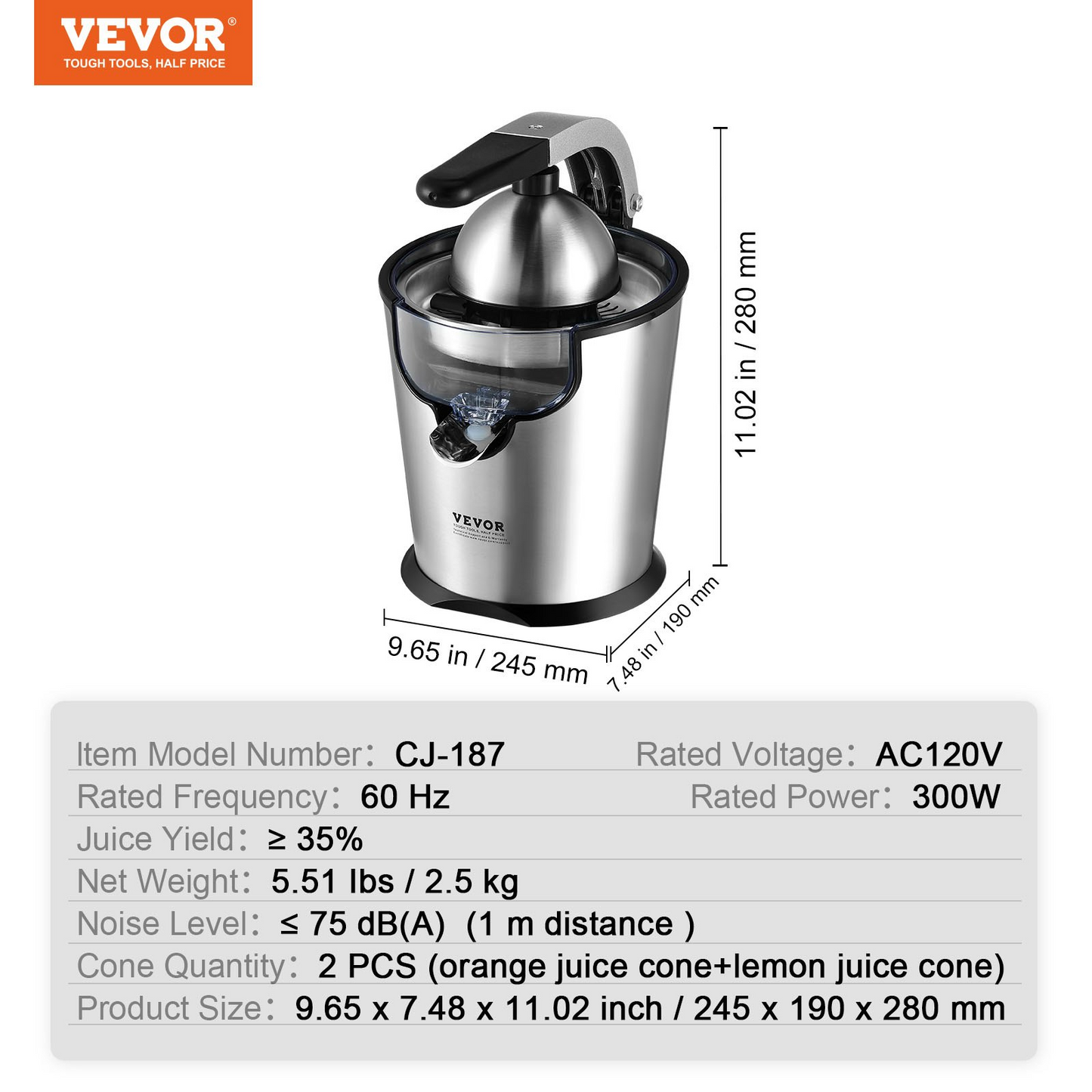 VEVOR Electric Citrus Juicer, Orange Juice Squeezer with Two Size Juicing Cones, 300W Stainless Steel Orange Juice Maker with Soft Grip Handle, For Oranges, Grapefruits, Lemons and Other Citrus Fruits